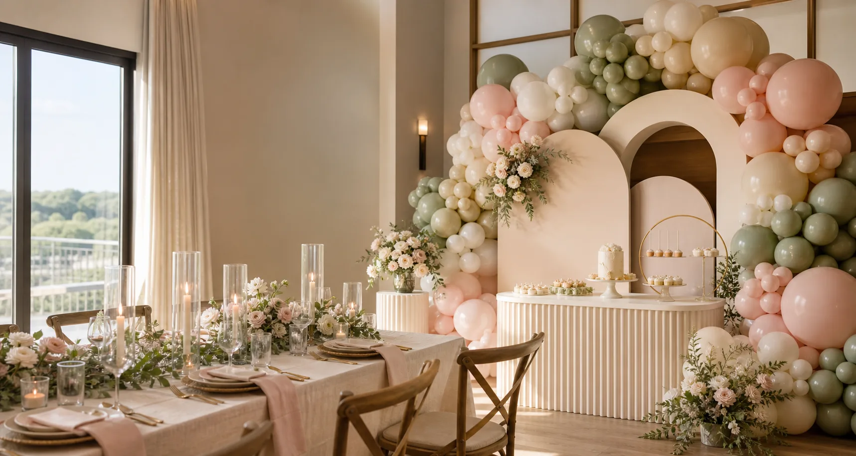 Generated preview of a styled party rental setup with backdrops, balloons, linens, and table decor