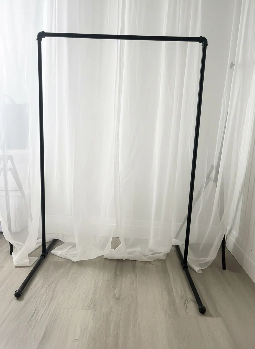 Black Frame Backdrop With White Drape available party rental item from HD Party Supplies