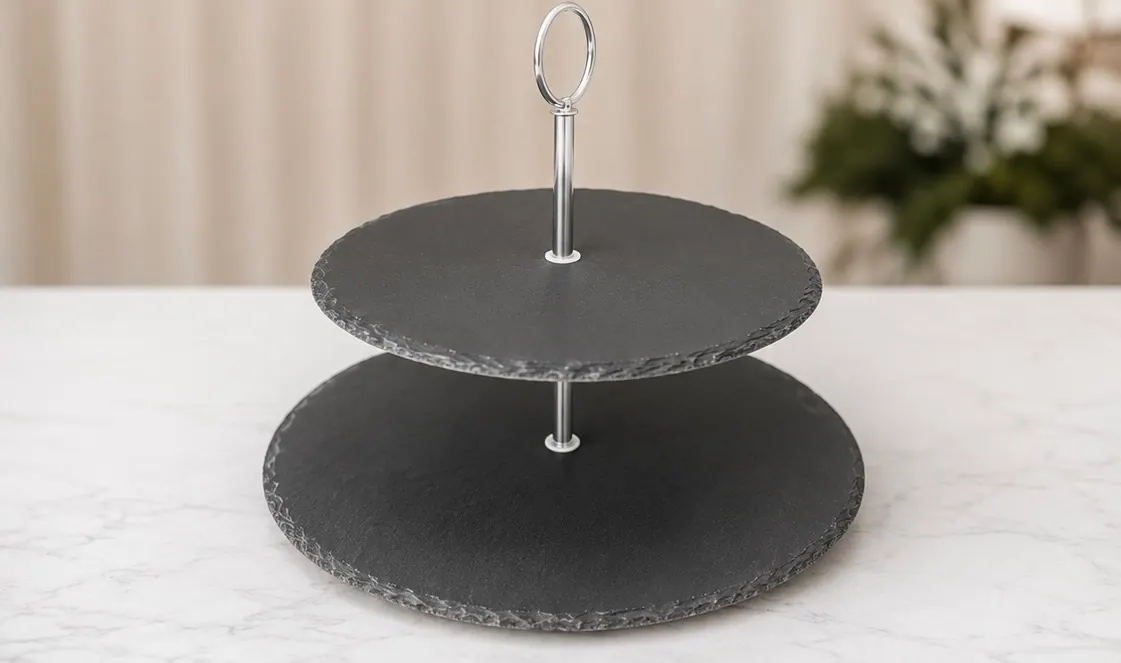 Black Slate Two-Tier Serving Stand available party rental item from HD Party Supplies